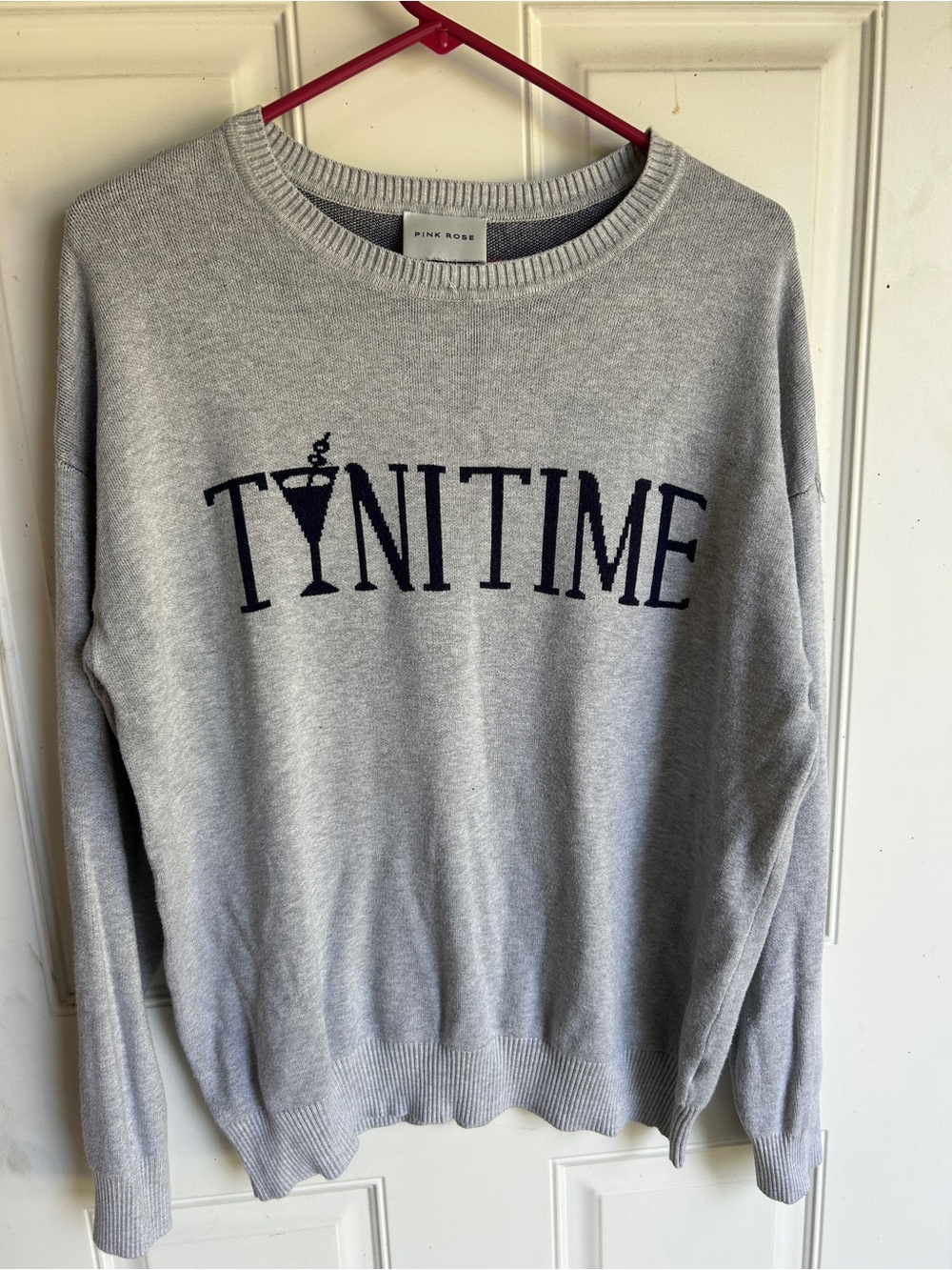 Pink Rose Light Gray Crewneck Sweater with Navy 'TINITIME' Graphic